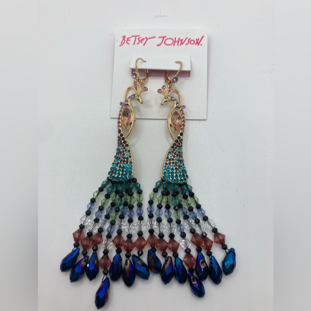 BETSEY JOHNSON Chandelier Beaded Crystal-Studded Peacock Earrings Bling NEW NWT